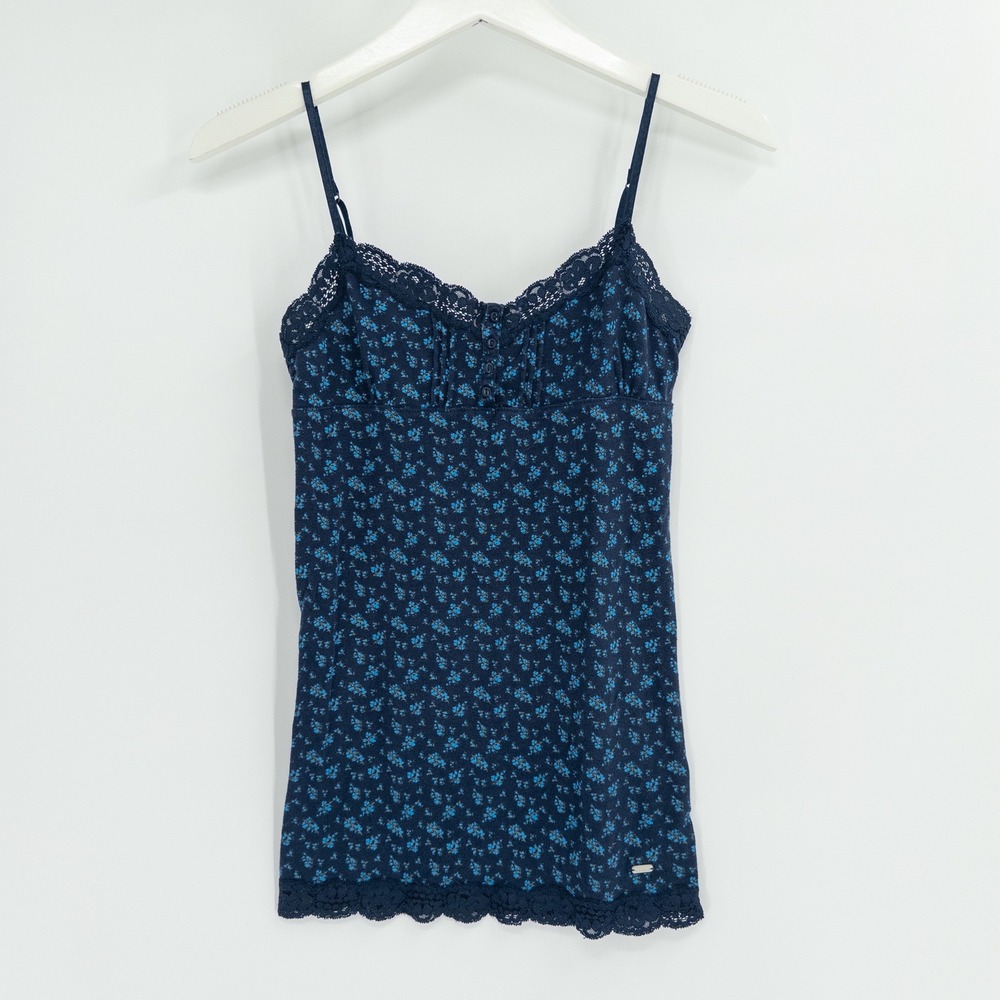 Y2K Aeropostale Babydoll Top Womens S Navy Floral Lace Trim Mall Fitted Tight